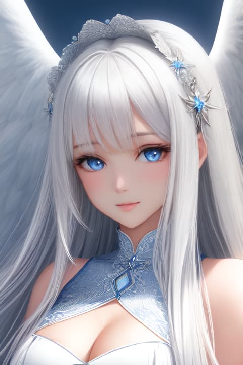  white hair,blues eyes,, 1, , (photo realistic body shot)+, (centered in frame)+, symmetrical face, cute, highly detail eyes, highly detailed face, (both eyes are the same)+, ideal huma, f8, photography, ultra details, Global illumination, soft light, dream light, color photo, neckline,  dress, ((angel))+++, angel wings, , fantasy world, blond hair