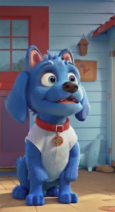  {Max the big blue dog standing in front of a cozy little house with a red door, The big blue dog is large with sky blue fur, big round eyes, a black nose, and floppy ears.