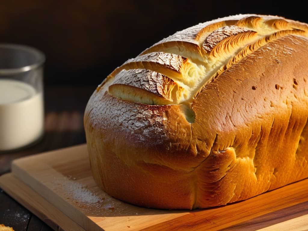  A closeup, ultradetailed image of a perfectly risen loaf of artisan bread, showcasing a golden, crackly crust with visible air pockets and a slight dusting of flour on top. The bread sits on a rustic wooden cutting board, with subtle natural lighting highlighting the texture and details of the crust. This image exudes warmth and craftsmanship, inviting viewers to imagine the aroma and taste of freshly baked bread. hyperrealistic, full body, detailed clothing, highly detailed, cinematic lighting, stunningly beautiful, intricate, sharp focus, f/1. 8, 85mm, (centered image composition), (professionally color graded), ((bright soft diffused light)), volumetric fog, trending on instagram, trending on tumblr, HDR 4K, 8K