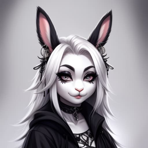  A rabbit goth, White hair, piercing, beautiful expression face, detailled eyes,, open eyes, digital art, masterpiece, 4k, fine details,