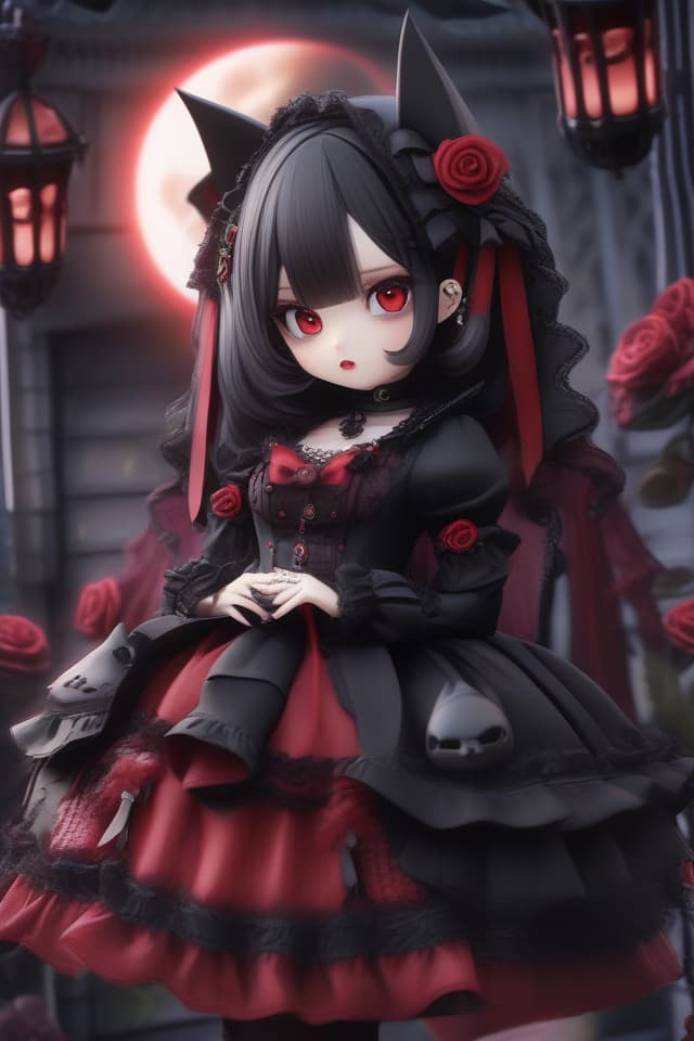  Bat,vampire,goth loli,gothic lolita,black hair,red eyes,bat feathers,red moon,moonlight,Western style house,suspicious Western style house,beautiful,beautiful,cute,red rose、(absurd detailed:1.4、best quality:1.4、masterpiece:1.4)、