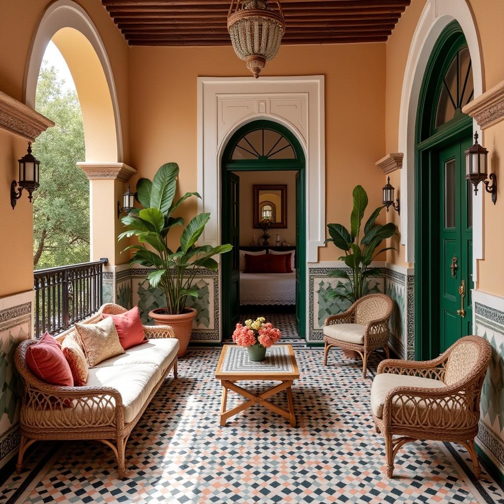  this prompt describes an editorial photography setting capturing a balcony that serves as a relaxing outdoor space attached to a room, designed in the andalusian style. the space is characterized by intricate tilework, vibrant colors, and moorish influences, typically featuring courtyards that enhance the architectural beauty. this setting provides a visually rich background, ideal for capturing the essence of andalusian design.