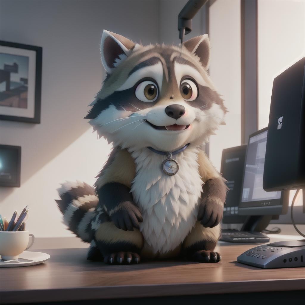  raccoon sitting in gaming chair front a computer on desktop, ((semi anthropomorphic)),(full body), tail, belly, sitting, fat, (chubby), (((white background))), solo, desktop, gaming chair, side view,  [[[clothes]]] hyperrealistic, full body, detailed clothing, highly detailed, cinematic lighting, stunningly beautiful, intricate, sharp focus, f/1. 8, 85mm, (centered image composition), (professionally color graded), ((bright soft diffused light)), volumetric fog, trending on instagram, trending on tumblr, HDR 4K, 8K