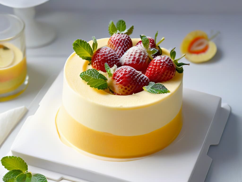  A closeup, ultradetailed image of a perfectly smooth and glossy mango mousse, topped with delicately sliced fresh strawberries and mint leaves. The vibrant colors contrast beautifully against the white porcelain dessert cup, showcasing the intricate layers and textures of the dessert. Each strawberry slice glistens with a hint of syrup, while the mint leaves add a pop of green freshness to the composition. The light source creates a soft shadow, enhancing the threedimensional quality of the dessert, making it look almost too good to eat. hyperrealistic, full body, detailed clothing, highly detailed, cinematic lighting, stunningly beautiful, intricate, sharp focus, f/1. 8, 85mm, (centered image composition), (professionally color graded), ((bright soft diffused light)), volumetric fog, trending on instagram, trending on tumblr, HDR 4K, 8K