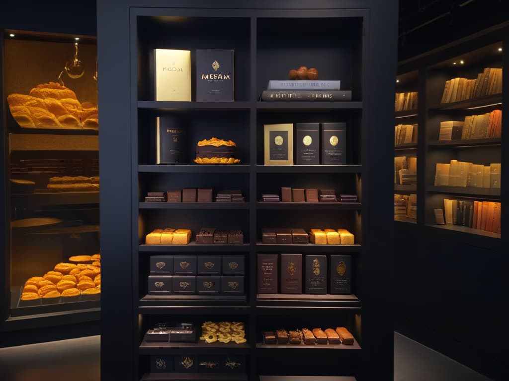  An ultradetailed image of a luxurious, sleek black bookshelf filled with an array of modern, artistic chocolatethemed pastry cookbooks. Each book is meticulously placed, showcasing elegant and minimalist covers in varying shades of dark chocolate brown, gold foiling, and matte finishes. The lighting is soft, creating a subtle glow that highlights the intricate details of the books, while the background remains a dark, blurred setting to emphasize the sophistication and exclusivity of the collection. hyperrealistic, full body, detailed clothing, highly detailed, cinematic lighting, stunningly beautiful, intricate, sharp focus, f/1. 8, 85mm, (centered image composition), (professionally color graded), ((bright soft diffused light)), volumetric fog, trending on instagram, trending on tumblr, HDR 4K, 8K