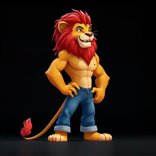  (a lion king wearing blue jean), full body, ghibli style, anime, vibrant colors, hdr, enhance, jungle((plain black background)), masterpiece, highly detailed, 4k, hq, separate colors, bright colors