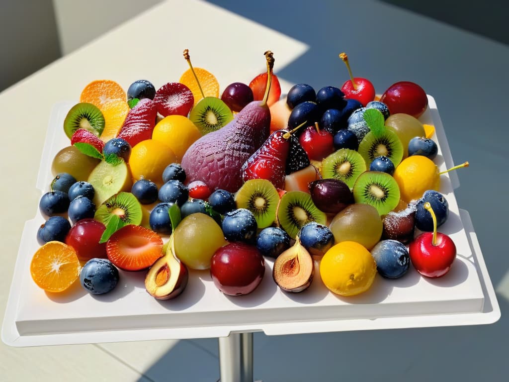  An ultradetailed image of a variety of vibrant fruits such as oranges, lemons, cherries, and figs elegantly arranged on a sleek, modern white platter. Each fruit is meticulously coated in a glossy, sugary glaze, glistening under the soft ambient light, showcasing their natural beauty and the art of candying fruits. The colors pop against the pristine background, creating a visually stunning and appetizing display that exudes luxury and gourmet quality. hyperrealistic, full body, detailed clothing, highly detailed, cinematic lighting, stunningly beautiful, intricate, sharp focus, f/1. 8, 85mm, (centered image composition), (professionally color graded), ((bright soft diffused light)), volumetric fog, trending on instagram, trending on tumblr, HDR 4K, 8K