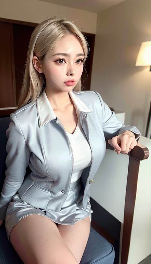  Masturbation busty office lady Silver Metallic Pichi Pichi uniform with a mini skirts with jacket Sit in a chair and show the genital area, (Masterpiece, BestQuality:1.3), (ultra detailed:1.2), (hyperrealistic:1.3), (RAW photo:1.2),High detail RAW color photo, professional photograph, (Photorealistic:1.4), (realistic:1.4), ,professional lighting, (japanese), beautiful face, (realistic face)