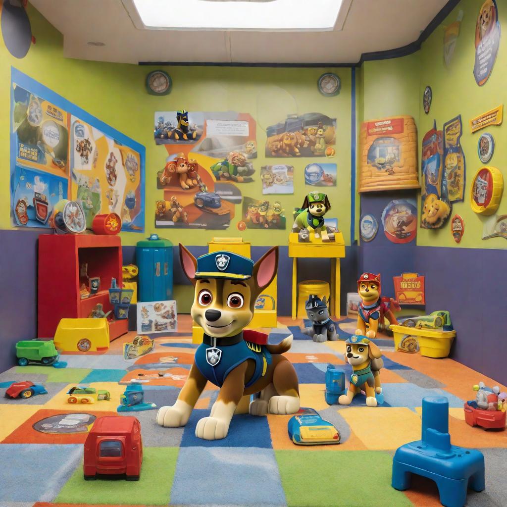  masterpiece, best quality, Paw Patrol headquarters, showing the interior of the building. The room is spacious and bright, with the Paw Patrol emblem on the wall and colorful carpet on the floor. Various Paw Patrol equipment and toys are placed around the room. Rubble is about to touch the power socket with his paw when Ryder appears just in time to stop him. Ryder is kneeling beside Rubble, holding Rubble's paw with a serious yet gentle expression. The power socket is prominently in the middle of the picture. The wall also has some educational illustrations and signs reminding everyone of safety.