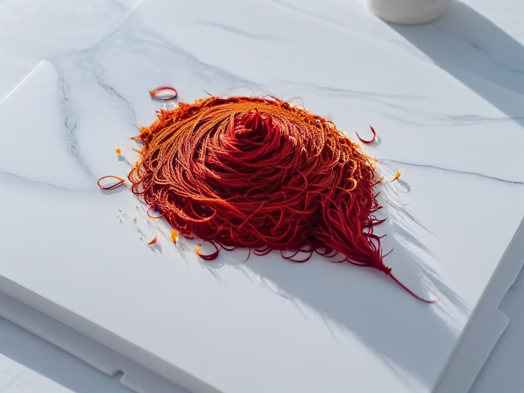  A closeup, ultradetailed image of vibrant red saffron threads delicately placed on a sleek, white marble surface. The intricate threads glisten under a soft, focused light, showcasing the fine details and rich color of the pistils. Each thread is perfectly aligned, creating a visually striking and minimalistic composition that exudes elegance and sophistication. hyperrealistic, full body, detailed clothing, highly detailed, cinematic lighting, stunningly beautiful, intricate, sharp focus, f/1. 8, 85mm, (centered image composition), (professionally color graded), ((bright soft diffused light)), volumetric fog, trending on instagram, trending on tumblr, HDR 4K, 8K