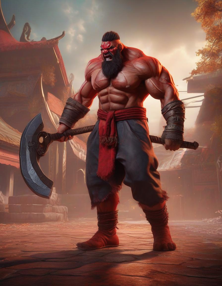  Street Fighter style A red orc with a beard and an axe shouts with rage. . vibrant, dynamic, arcade, 2D fighting game, highly detailed, reminiscent of Street Fighter series hyperrealistic, full body, detailed clothing, highly detailed, cinematic lighting, stunningly beautiful, intricate, sharp focus, f/1. 8, 85mm, (centered image composition), (professionally color graded), ((bright soft diffused light)), volumetric fog, trending on instagram, trending on tumblr, HDR 4K, 8K