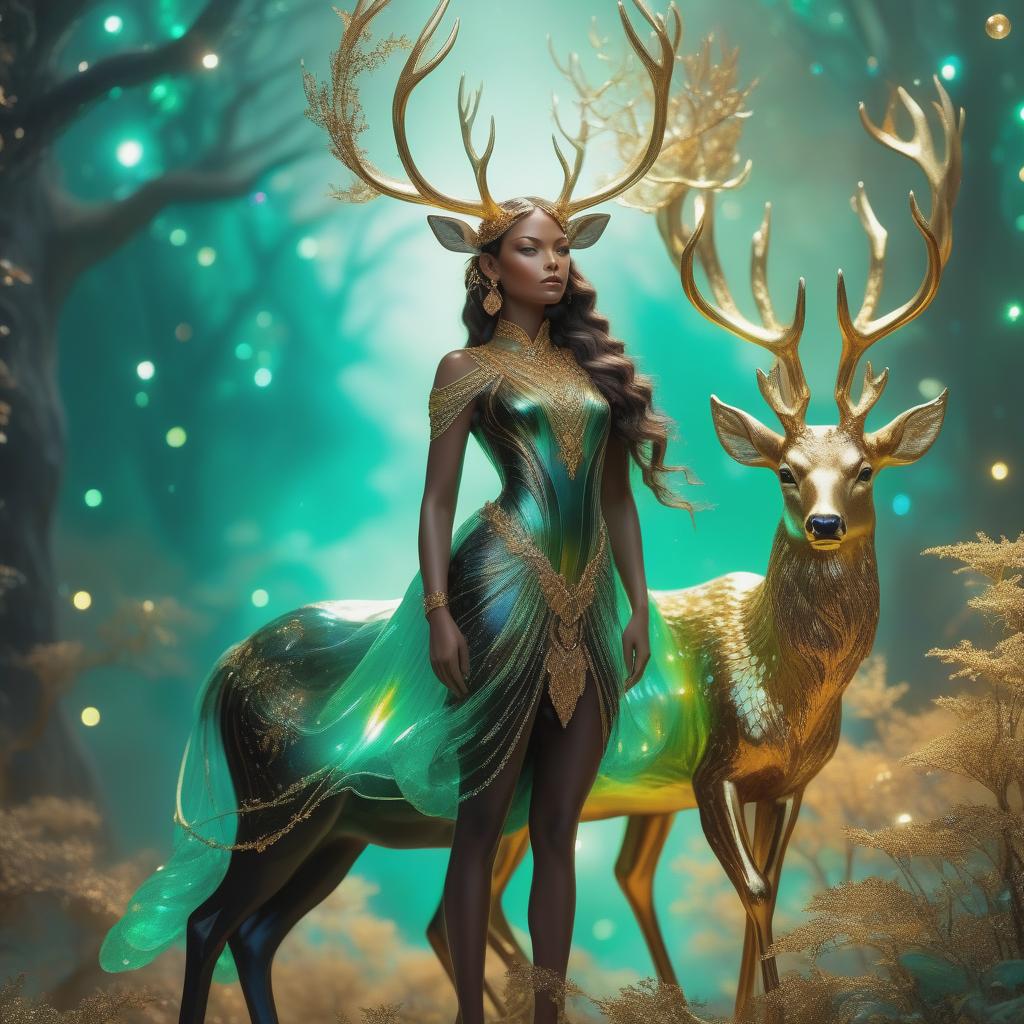  photo RAW, (Black, petrol and green:   ( real hyperdetailed brown woman:1.7), (standing by extremely delicate iridiscent deer:1.5), tiny golden accents, beautifully and intricately detailed, ethereal glow, whimsical, art by Mschiffer, best quality, glass art, magical holographic glow, shiny aura, highly detailed, gold and coral filigree, intricate motifs, organic tracery, Januz Miralles, Hikari Shimoda, glowing stardust by W. Zelmer, perfect composition, smooth, sharp focus, sparkling particles, lively coral reef background Realistic, realism, hd, 35mm photograph, 8k), masterpiece, award winning photography, natural light, perfect composition, high detail, hyper realistic, hyper detailed background) hyperrealistic, full body, detailed clothing, highly detailed, cinematic lighting, stunningly beautiful, intricate, sharp focus, f/1. 8, 85mm, (centered image composition), (professionally color graded), ((bright soft diffused light)), volumetric fog, trending on instagram, trending on tumblr, HDR 4K, 8K