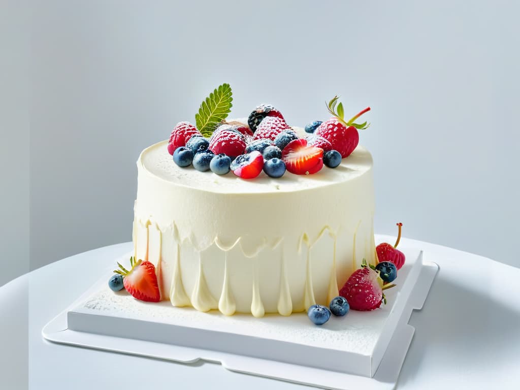  A closeup, ultradetailed image of a beautifully decorated vegan organic cake, adorned with fresh berries, edible flowers, and delicate frosting swirls, all set on a sleek, modern cake stand against a clean, white backdrop. hyperrealistic, full body, detailed clothing, highly detailed, cinematic lighting, stunningly beautiful, intricate, sharp focus, f/1. 8, 85mm, (centered image composition), (professionally color graded), ((bright soft diffused light)), volumetric fog, trending on instagram, trending on tumblr, HDR 4K, 8K