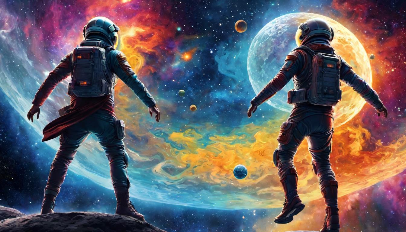  digital illustration, Two figures in a cosmic dance, surrounded by celestial bodies, their movements echo through the fabric of space, co creation with the universe, harmony in motion., looking at viewer, dynamic pose, (intricate details, masterpiece, best quality)