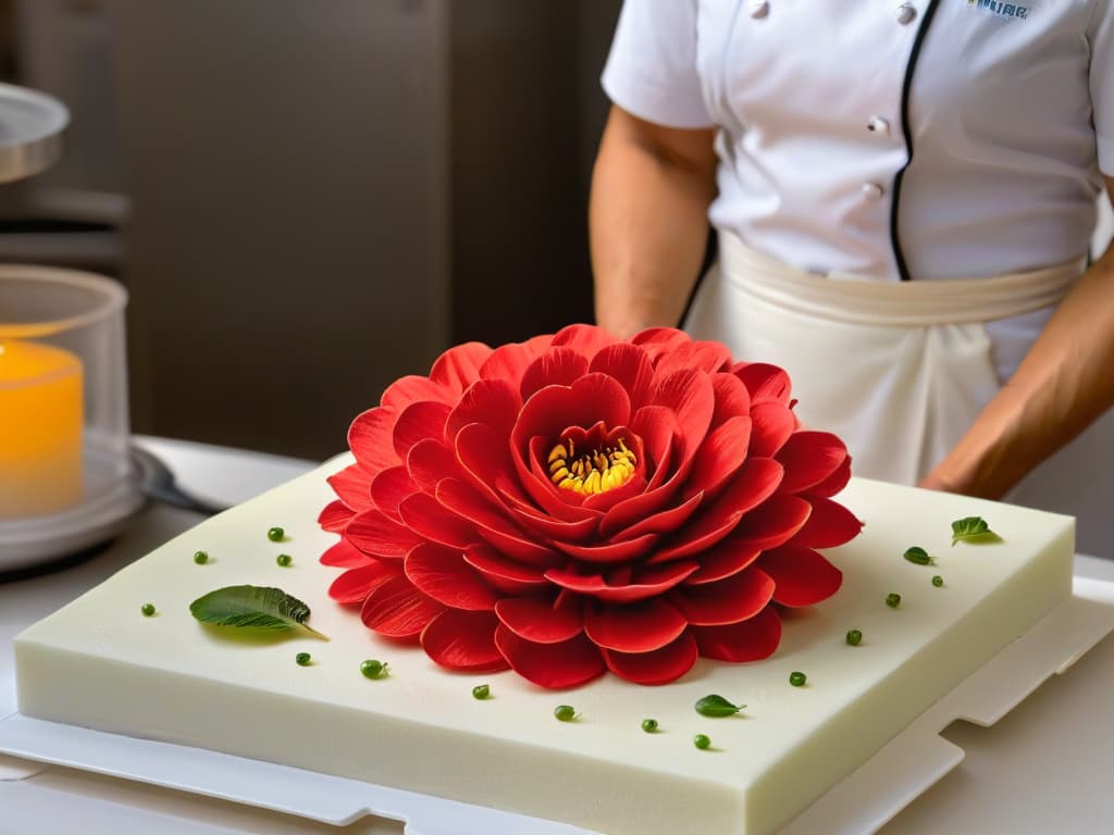  A closeup, ultradetailed image of a delicate sugar flower being intricately crafted by a chef's hands, with fine tools and precision, showcasing the artistry and skill involved in pastry making. The background is a soft focus, highlighting the meticulous detail of the flower's petals, capturing the essence of the fusion between gastronomy and science in the world of online pastry courses. hyperrealistic, full body, detailed clothing, highly detailed, cinematic lighting, stunningly beautiful, intricate, sharp focus, f/1. 8, 85mm, (centered image composition), (professionally color graded), ((bright soft diffused light)), volumetric fog, trending on instagram, trending on tumblr, HDR 4K, 8K