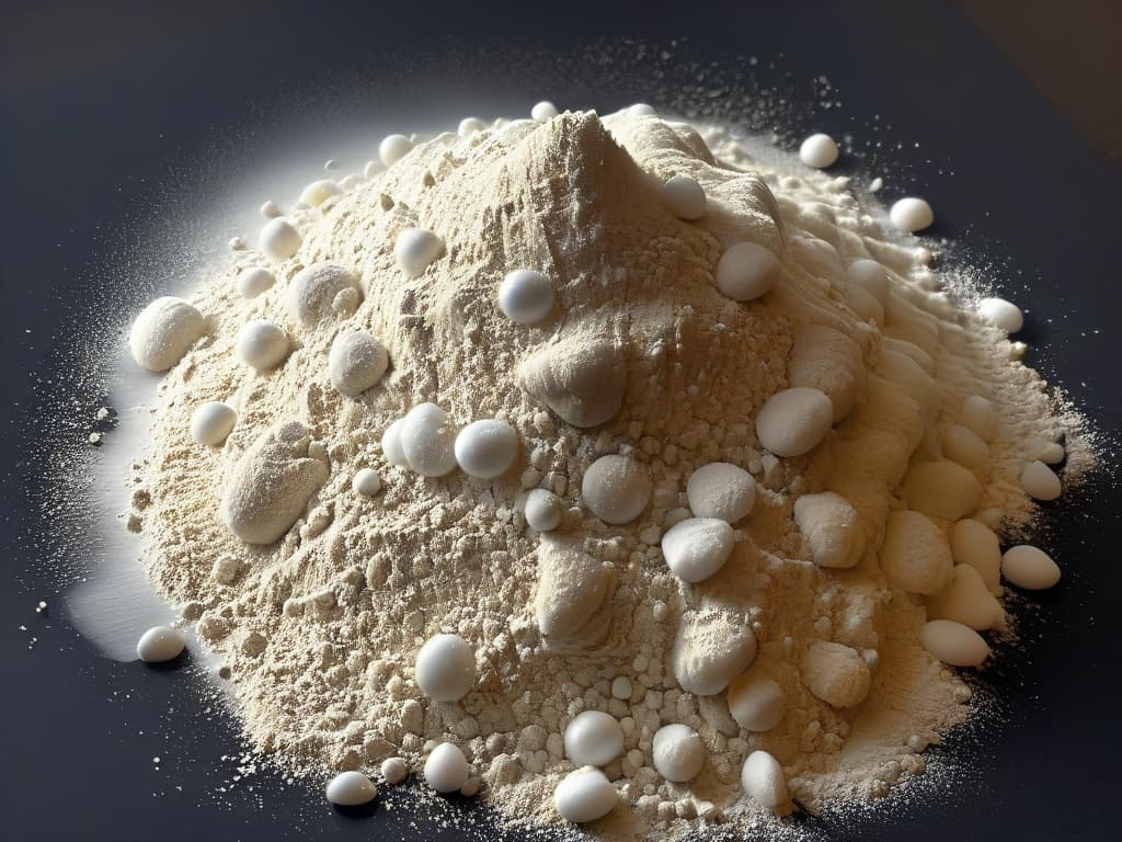  A closeup, ultradetailed image of a perfectly sifted mound of premium flour, showcasing its fine texture and purity. The flour is arranged neatly on a sleek, matte black surface, with a soft, diffused light casting gentle shadows to highlight its quality. The individual grains of flour are distinct and pristine, evoking a sense of luxury and precision. hyperrealistic, full body, detailed clothing, highly detailed, cinematic lighting, stunningly beautiful, intricate, sharp focus, f/1. 8, 85mm, (centered image composition), (professionally color graded), ((bright soft diffused light)), volumetric fog, trending on instagram, trending on tumblr, HDR 4K, 8K