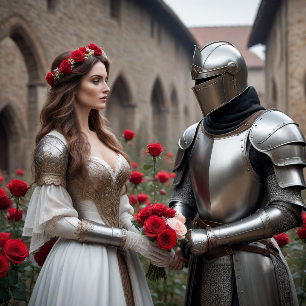  Knight gives a bouquet of roses to a medieval beautiful lady. hyperrealistic, full body, detailed clothing, highly detailed, cinematic lighting, stunningly beautiful, intricate, sharp focus, f/1. 8, 85mm, (centered image composition), (professionally color graded), ((bright soft diffused light)), volumetric fog, trending on instagram, trending on tumblr, HDR 4K, 8K