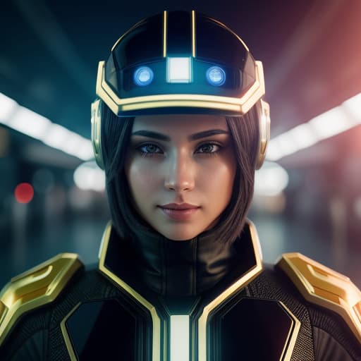  woman wearing a cyberpunk style shiny and slimy gold helmet with robotic features, the reflection on her face is made of glowing blue wires with intricate details, hyper realistic photography in the style of editorial pose, photorealistic, 8k, high render --v 6.0 --ar 9:16, intricate details, photorealistic,hyperrealistic, high quality, highly detailed, cinematic lighting, intricate, sharp focus, f/1. 8, 85mm, (centered image composition), (professionally color graded), ((bright soft diffused light)), volumetric fog, trending on instagram, HDR 4K, 8K