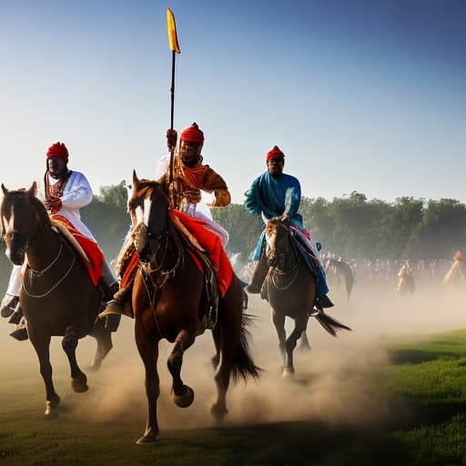  generate an image of Hausa thousands Warriors on horses stand their legs running and raising dust hyperrealistic, full body, detailed clothing, highly detailed, cinematic lighting, stunningly beautiful, intricate, sharp focus, f/1. 8, 85mm, (centered image composition), (professionally color graded), ((bright soft diffused light)), volumetric fog, trending on instagram, trending on tumblr, HDR 4K, 8K