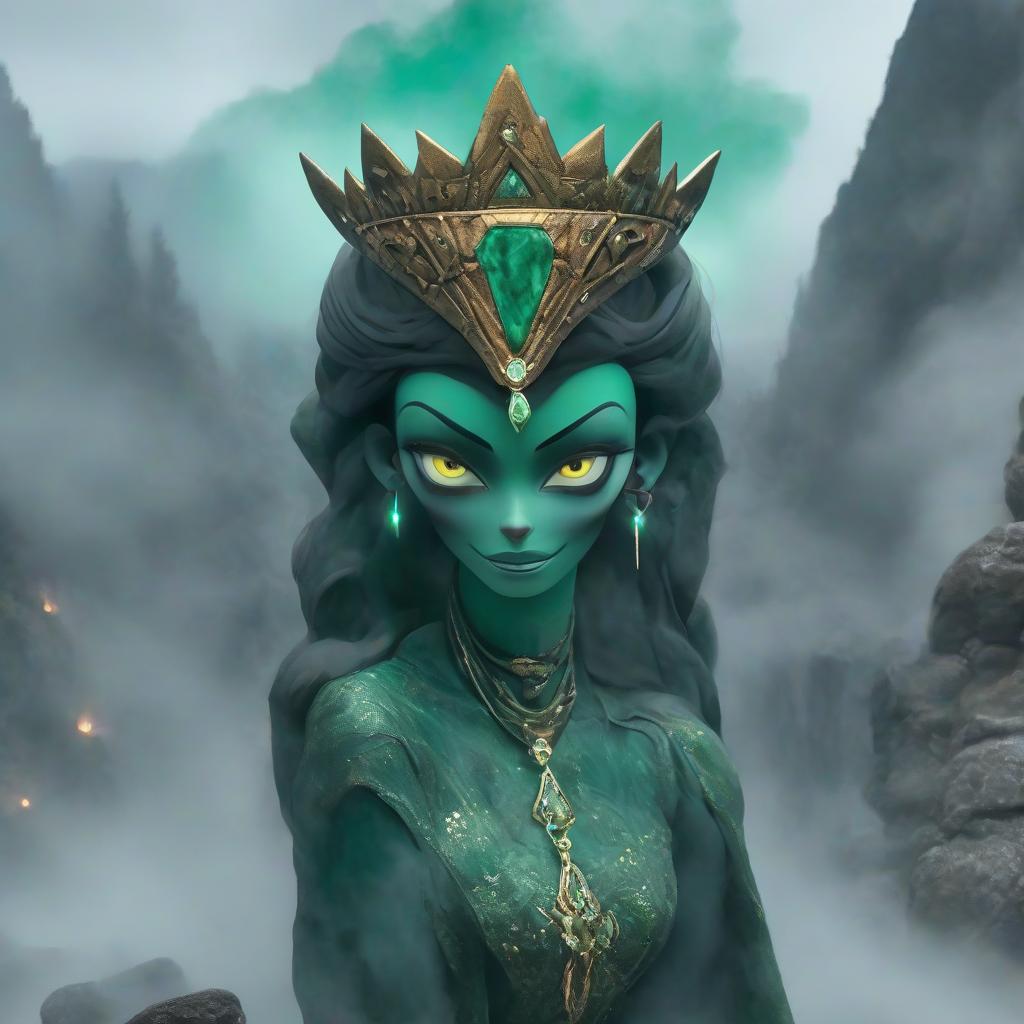  horror themed A beautiful woman stands on the stones, smiling, yellow skin, green eyes, brown hair, jewelry made of malachite, a malachite crown, in front of a mountain and fog. . eerie, unsettling, dark, spooky, suspenseful, grim, highly detailed hyperrealistic, full body, detailed clothing, highly detailed, cinematic lighting, stunningly beautiful, intricate, sharp focus, f/1. 8, 85mm, (centered image composition), (professionally color graded), ((bright soft diffused light)), volumetric fog, trending on instagram, trending on tumblr, HDR 4K, 8K