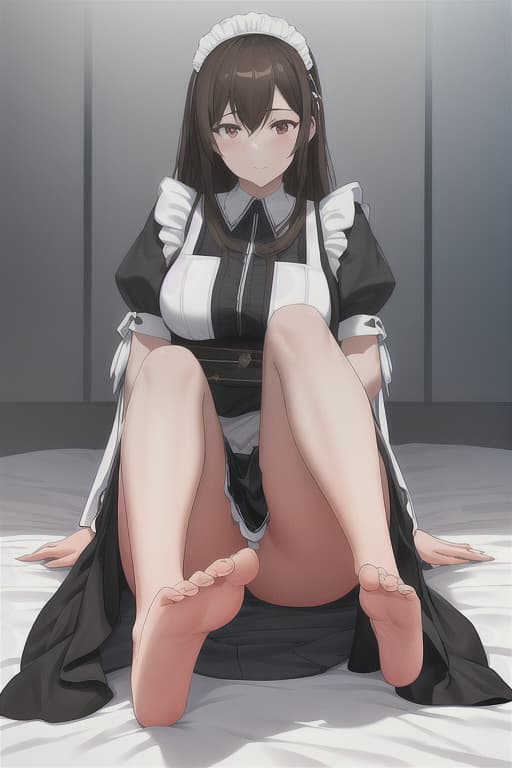  (score 9,score 8 up,score 7 up,),1girl,solo,maid,maid headdress,looking at viewer,apron,brown hair,indoors,black hair,bare foot,feet focus,two feet hyperrealistic, full body, detailed clothing, highly detailed, cinematic lighting, stunningly beautiful, intricate, sharp focus, f/1. 8, 85mm, (centered image composition), (professionally color graded), ((bright soft diffused light)), volumetric fog, trending on instagram, trending on tumblr, HDR 4K, 8K