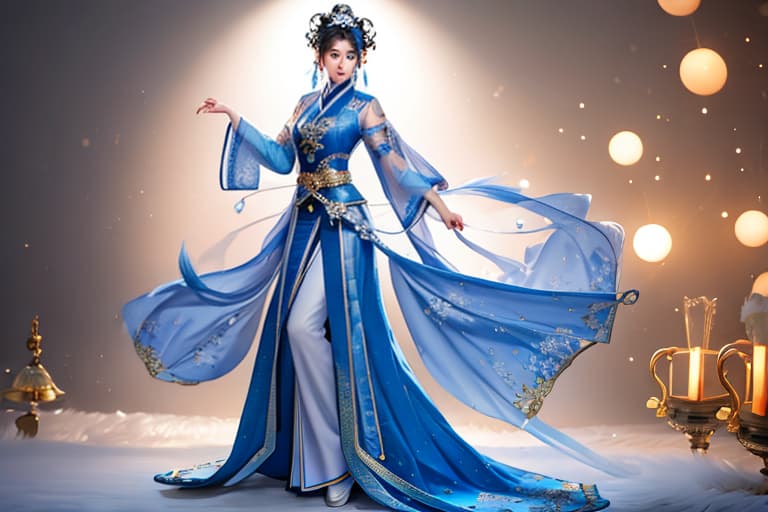  Tang Dynasty beauty, blue calico, q, IP image, three view, blue, full body portrait, vector illustration, hands at sides hyperrealistic, full body, detailed clothing, highly detailed, cinematic lighting, stunningly beautiful, intricate, sharp focus, f/1. 8, 85mm, (centered image composition), (professionally color graded), ((bright soft diffused light)), volumetric fog, trending on instagram, trending on tumblr, HDR 4K, 8K