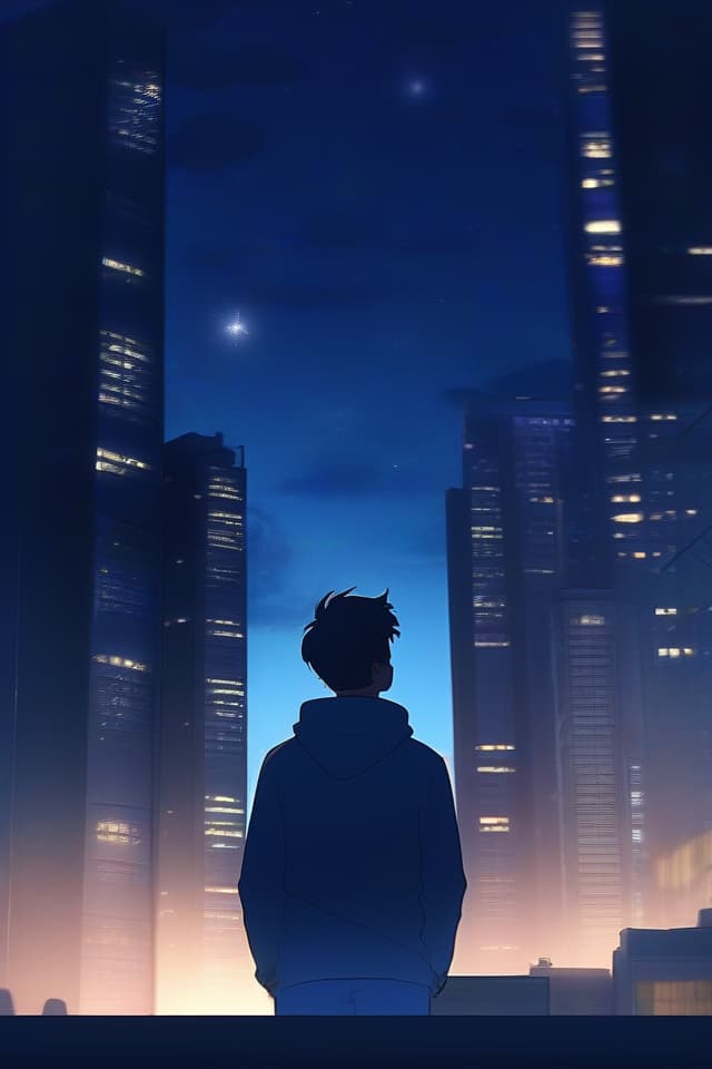  The background is in the city, the sky is in the sky, the young man is one person, the back of the building is looking up, the back of the night sky.