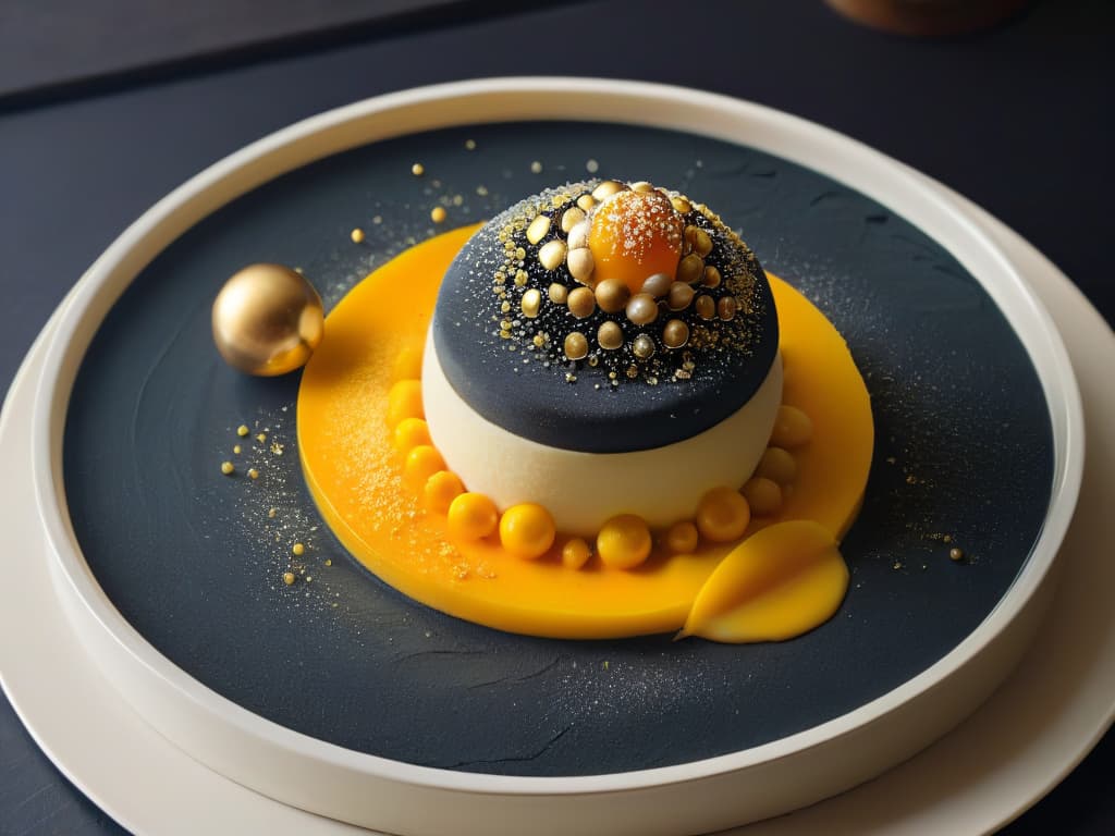  An ultradetailed closeup image of a delicate molecular gastronomy dessert. The dessert is a spherical mango caviar topped with edible gold leaf, resting on a smooth slate plate. The golden spheres glisten under soft, focused lighting, highlighting the intricate details of each tiny caviar pearl. The background is a subtle gradient that enhances the luxurious and precise nature of the dessert. hyperrealistic, full body, detailed clothing, highly detailed, cinematic lighting, stunningly beautiful, intricate, sharp focus, f/1. 8, 85mm, (centered image composition), (professionally color graded), ((bright soft diffused light)), volumetric fog, trending on instagram, trending on tumblr, HDR 4K, 8K