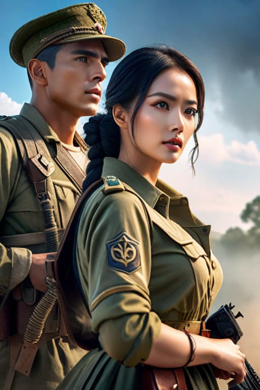  Cinematic film poster with two contrasted images, a young man in a country at war, a you woman in a peaceful country holding a phone connecting to the other country at war hyperrealistic, full body, detailed clothing, highly detailed, cinematic lighting, stunningly beautiful, intricate, sharp focus, f/1. 8, 85mm, (centered image composition), (professionally color graded), ((bright soft diffused light)), volumetric fog, trending on instagram, trending on tumblr, HDR 4K, 8K