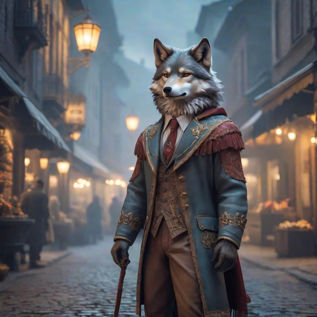  A little wolf in clothes 2D hyperrealistic, full body, detailed clothing, highly detailed, cinematic lighting, stunningly beautiful, intricate, sharp focus, f/1. 8, 85mm, (centered image composition), (professionally color graded), ((bright soft diffused light)), volumetric fog, trending on instagram, trending on tumblr, HDR 4K, 8K