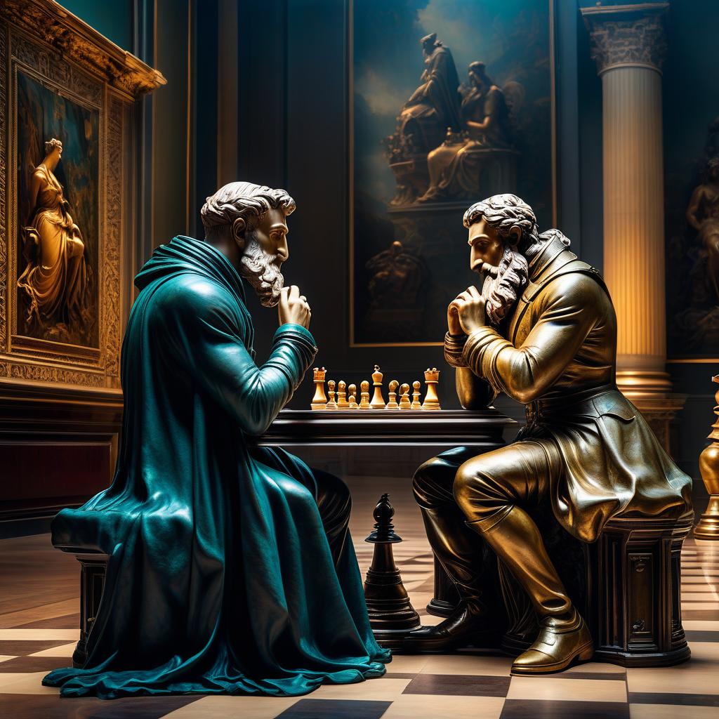  Oil painting. Surreal digital image. Far background. Panoramic view. Two statues of Rodin's "The Thinker" playing chess. Background: hall of antique sculpture in a museum. Surrealist abstractionism. Pastel colors. Sabbas Aptheros, Alfonso Mucha, Karol Bak, Gustav Klimt. High detail. High contrast. High quality. HDR hyperrealistic, full body, detailed clothing, highly detailed, cinematic lighting, stunningly beautiful, intricate, sharp focus, f/1. 8, 85mm, (centered image composition), (professionally color graded), ((bright soft diffused light)), volumetric fog, trending on instagram, trending on tumblr, HDR 4K, 8K