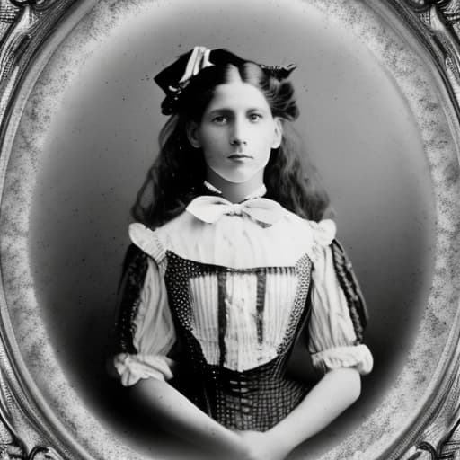 portrait+ style A portrait photo from the 1890s featuring a Alice in wonderland, The quality of the photo is consistent with 1890s cameras. The photo has yellowed over time, it has scratches and tears on its edges.