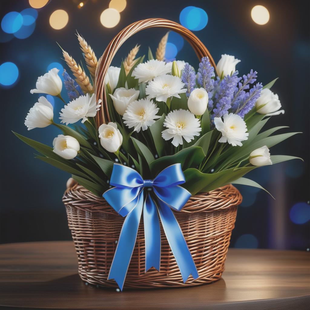  Luxury product style (Bouquet in a wicker basket). The handle of the basket is decorated with a white satin bow with brown polka dots. In the basket is a floral composition: of wheat ears, white and blue carnations, flowers, lavender and in the centre of the bouquet one white lily. (Background):night starry sky with flashes of fireworks. Style:fantasy, watercolour, landscape still life genre. . Elegant, sophisticated, high end, luxurious, professional, highly detailed hyperrealistic, full body, detailed clothing, highly detailed, cinematic lighting, stunningly beautiful, intricate, sharp focus, f/1. 8, 85mm, (centered image composition), (professionally color graded), ((bright soft diffused light)), volumetric fog, trending on instagram, trending on tumblr, HDR 4K, 8K