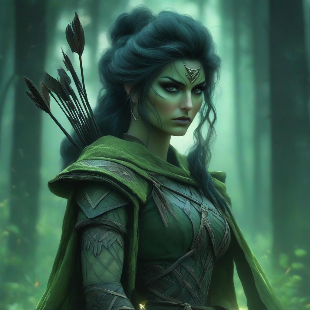  macabre style A female archer in a green costume and cape, wearing a quiver, and an Iroquois hairstyle. . dark, gothic, grim, haunting, highly detailed hyperrealistic, full body, detailed clothing, highly detailed, cinematic lighting, stunningly beautiful, intricate, sharp focus, f/1. 8, 85mm, (centered image composition), (professionally color graded), ((bright soft diffused light)), volumetric fog, trending on instagram, trending on tumblr, HDR 4K, 8K