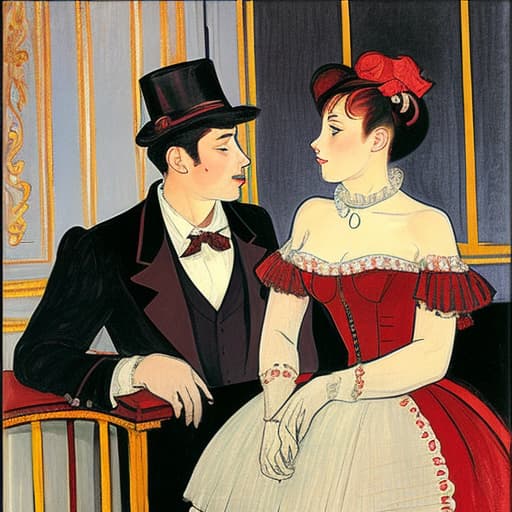  attractive young Parisian couple dressed in modern designer outfits who are romantically together in Paris. Foreground a small plate of fine dark chocolates on a bedside table. Background dusk with a light of the inside the Moulin Rouge during a show. Painting style of Henri de Toulouse-Lautrec