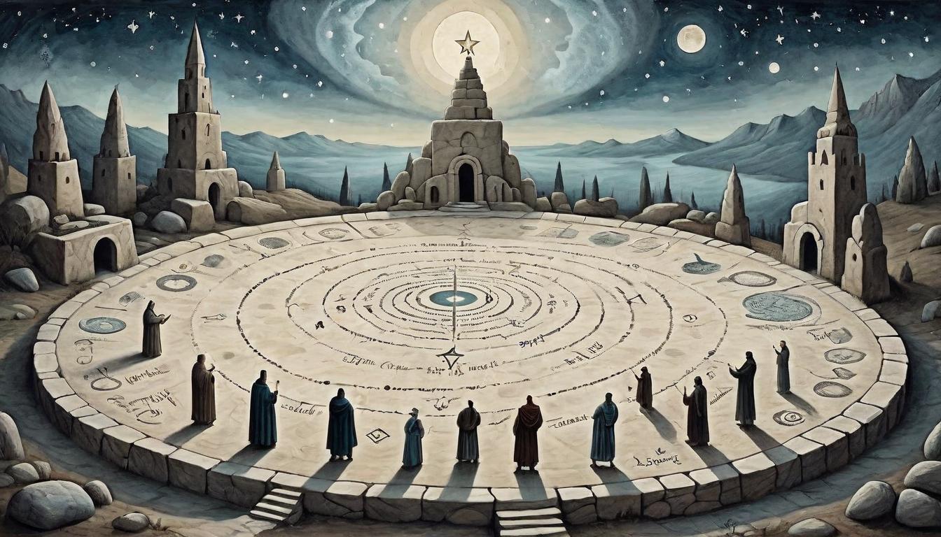  on parchment, surrealism+++, Whispering shadows surrounded by a circle of stones, each inscribed with sacred symbols, sharing stories under a star filled sky, community, narrative(mysterious, provocative, symbolic,muted color)+++