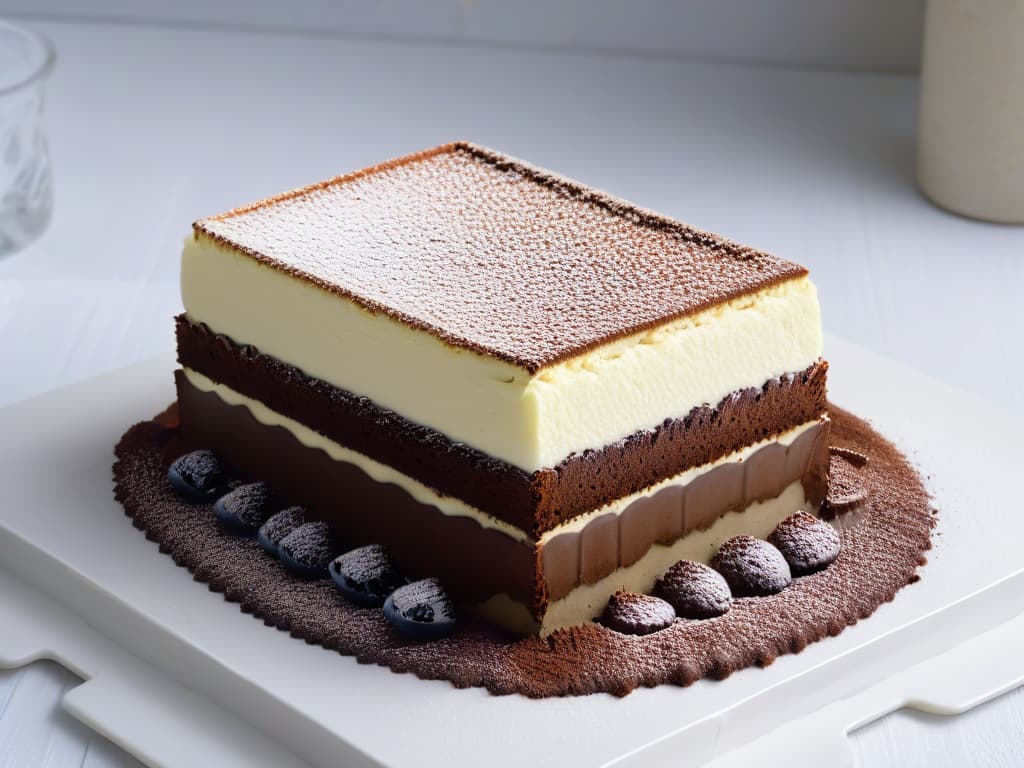  A closeup, highresolution image of a velvety smooth tiramisú, delicately dusted with rich cocoa powder, resting on a pristine white plate. The layers of mascarpone cream and coffeesoaked ladyfingers are clearly visible, creating an inviting and indulgent dessert scene. The play of light and shadow highlights the textures of the dessert, evoking a sense of luxury and culinary excellence. hyperrealistic, full body, detailed clothing, highly detailed, cinematic lighting, stunningly beautiful, intricate, sharp focus, f/1. 8, 85mm, (centered image composition), (professionally color graded), ((bright soft diffused light)), volumetric fog, trending on instagram, trending on tumblr, HDR 4K, 8K