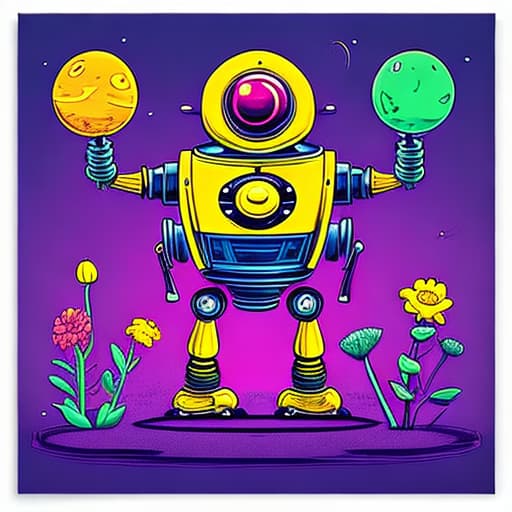  an alien bee monster brings bunch of flowers to a bare naked totally nude beautiful lady with enormous big nipples, beside is a cute classic tin toy robot, vintage space poster, Retro Illustration style, science fiction movie poster, sci-fi book cover style, spaceships and ufos in the background, minimalistic Graphic Design, colorful, vivid colors, vibrant colors