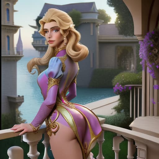  Fantasy Disney princes,seen from the back,wearing skinny transparant but opulent looking costume and short dress,bending forward stone balcony watching her beautifull kingdom outside the pallace where the sun is getting low