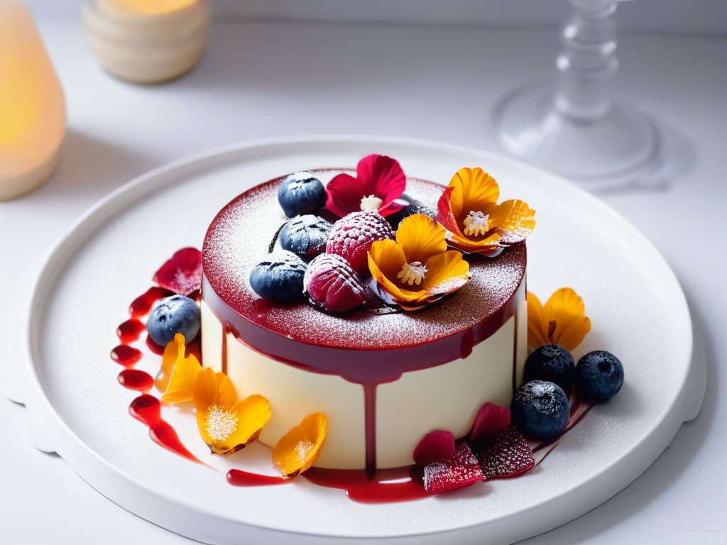  An ultradetailed, minimalist image of a sophisticated dessert plate artfully arranged with a sugarfree multisensory dessert creation. The dessert features intricate layers of textures and colors, including a delicate sugarfree mousse, a glossy fruit coulis drizzle, and edible flower petals delicately placed on top. The plate sits on a sleek, modern table setting with soft, diffused lighting emphasizing the elegant presentation. hyperrealistic, full body, detailed clothing, highly detailed, cinematic lighting, stunningly beautiful, intricate, sharp focus, f/1. 8, 85mm, (centered image composition), (professionally color graded), ((bright soft diffused light)), volumetric fog, trending on instagram, trending on tumblr, HDR 4K, 8K