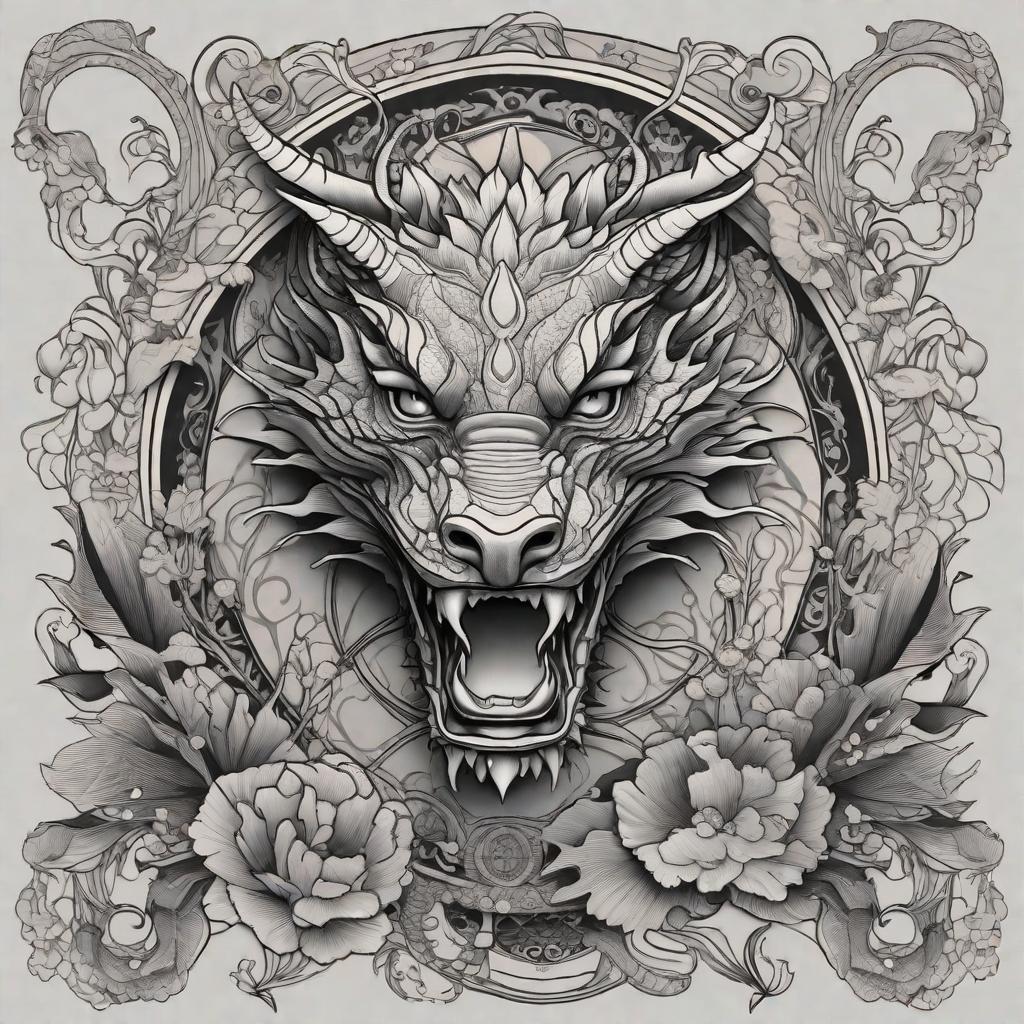  masterpiece, best quality, Black and grey tattoo of dragon. Art nouveau style. Full body. Feminine.