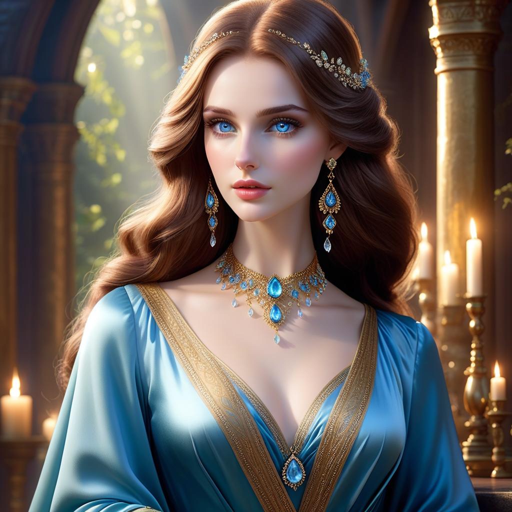  ethereal fantasy concept art of (A beautiful ) with knee length brown hair and very sad blue eyes. She had precise facial features, arched eyebrows, and pale, porcelain like skin. Her ears were small, neat and rounded. She was dressed in the latest fashion: silk trousers the colour of early dawn, a gold brocade dressing gown with fur and tied with a sash. Her pale wrists were wrapped in tinkling celets, and her slender neck was adorned with a necklace made of frozen dewdrops. The beauty came closer, and the wolf cub ducked to the ground just in case. He saw the saffiano shoes with curved toes freeze right next to his muzzle. . magnificent, celestial, ethereal, painterly, epic, majestic, magical, fantasy art, cover art hyperrealistic, full body, detailed clothing, highly detailed, cinematic lighting, stunningly beautiful, intricate, sharp focus, f/1. 8, 85mm, (centered image composition), (professionally color graded), ((bright soft diffused light)), volumetric fog, trending on instagram, trending on tumblr, HDR 4K, 8K