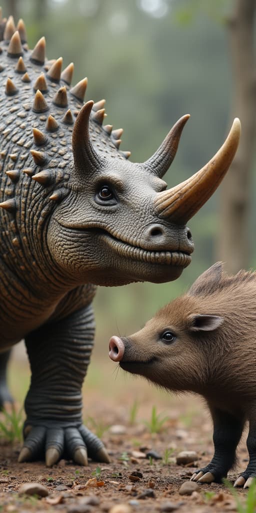  good quality, high quality, ankylosaurus on the left, pig on the rigth, realistic, highly detailed