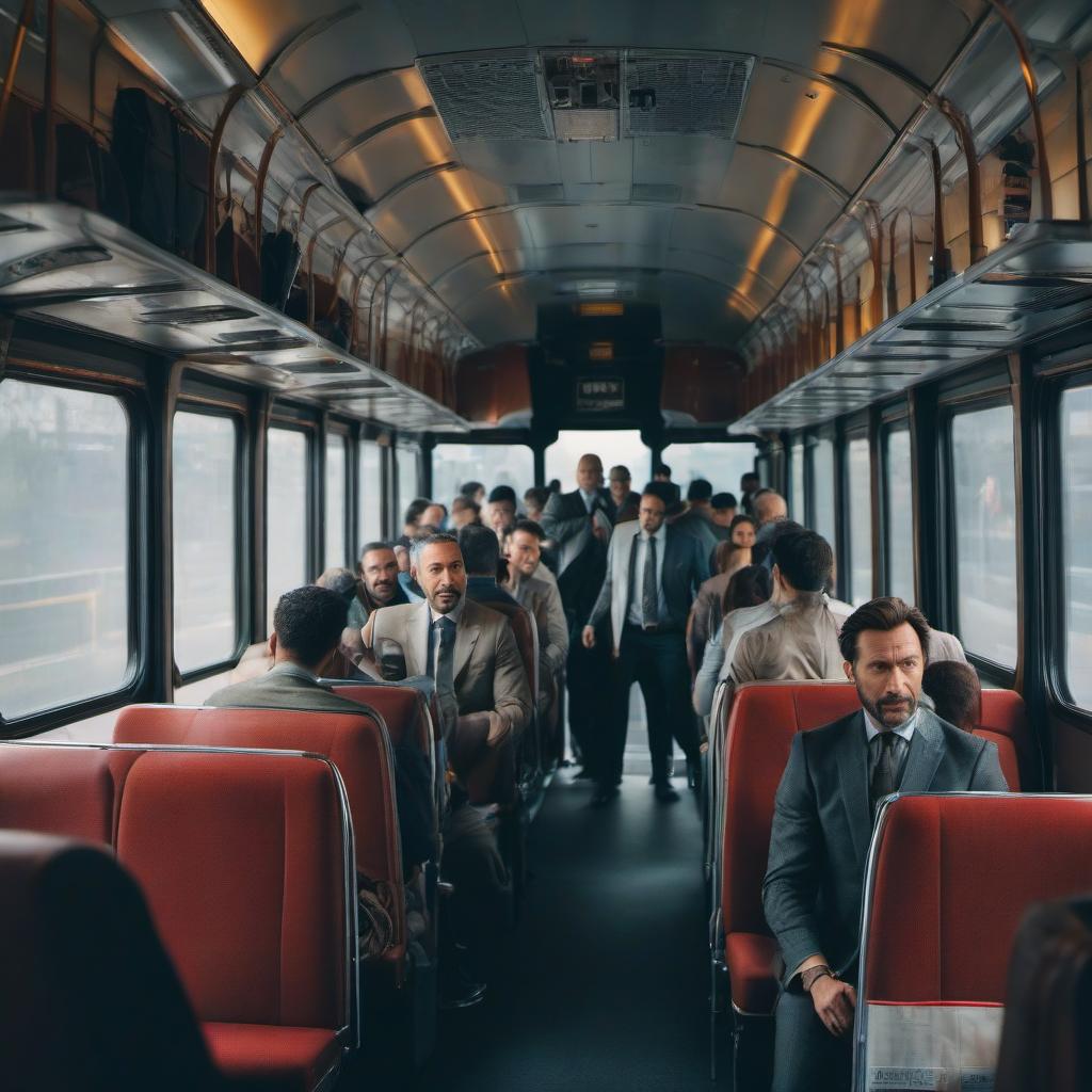  A man is flying through a bus and people are looking at him. hyperrealistic, full body, detailed clothing, highly detailed, cinematic lighting, stunningly beautiful, intricate, sharp focus, f/1. 8, 85mm, (centered image composition), (professionally color graded), ((bright soft diffused light)), volumetric fog, trending on instagram, trending on tumblr, HDR 4K, 8K