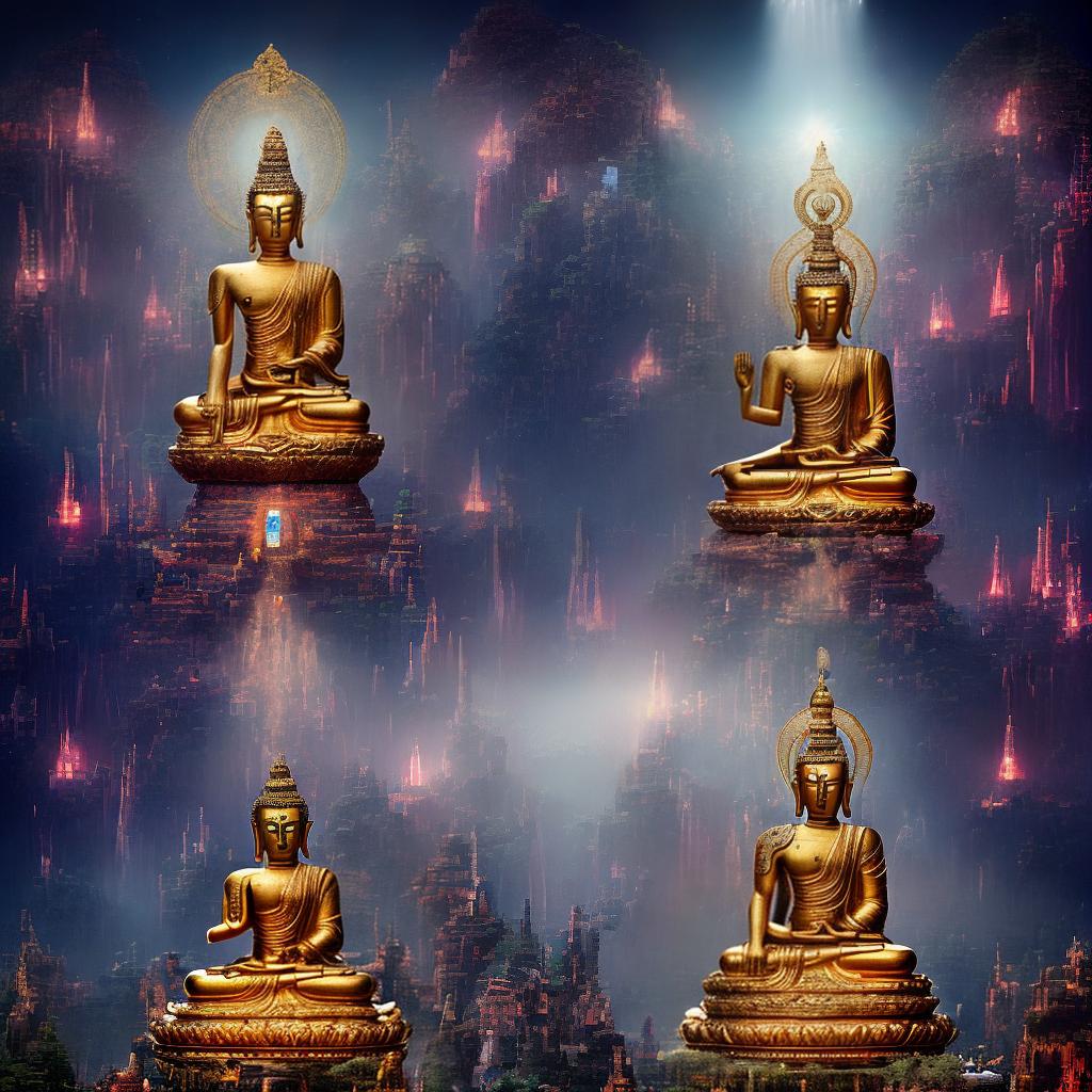 ((masterpiece)),(((best quality))), 8k, high detailed, ultra-detailed. A robot-style Guanyin Buddha, a divine figure with multiple robotic arms and a serene expression. The Buddha is seated on a lotus throne, surrounded by glowing orbs of light. The background features a futuristic temple with intricate metallic architecture and holographic projections of sacred symbols. The scene is bathed in a soft, ethereal light that adds a mystical atmosphere. hyperrealistic, full body, detailed clothing, highly detailed, cinematic lighting, stunningly beautiful, intricate, sharp focus, f/1. 8, 85mm, (centered image composition), (professionally color graded), ((bright soft diffused light)), volumetric fog, trending on instagram, trending on tumblr, HDR 4K, 8K