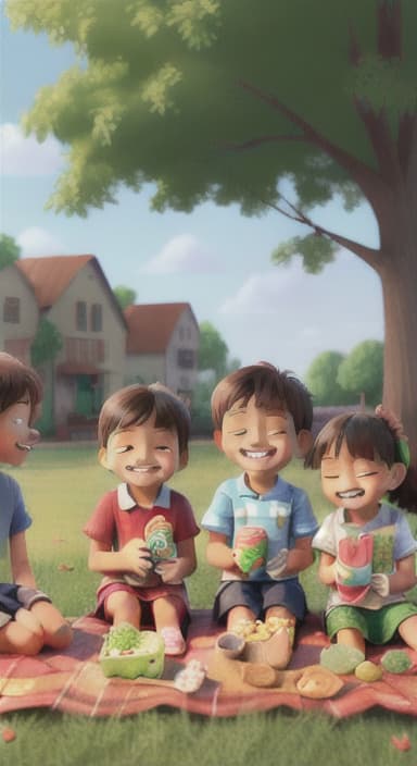  {Kids sitting around a picnic blanket, enjoying juice boxes and snacks., Children happily eating snacks, with crumbs on their faces and big smiles.