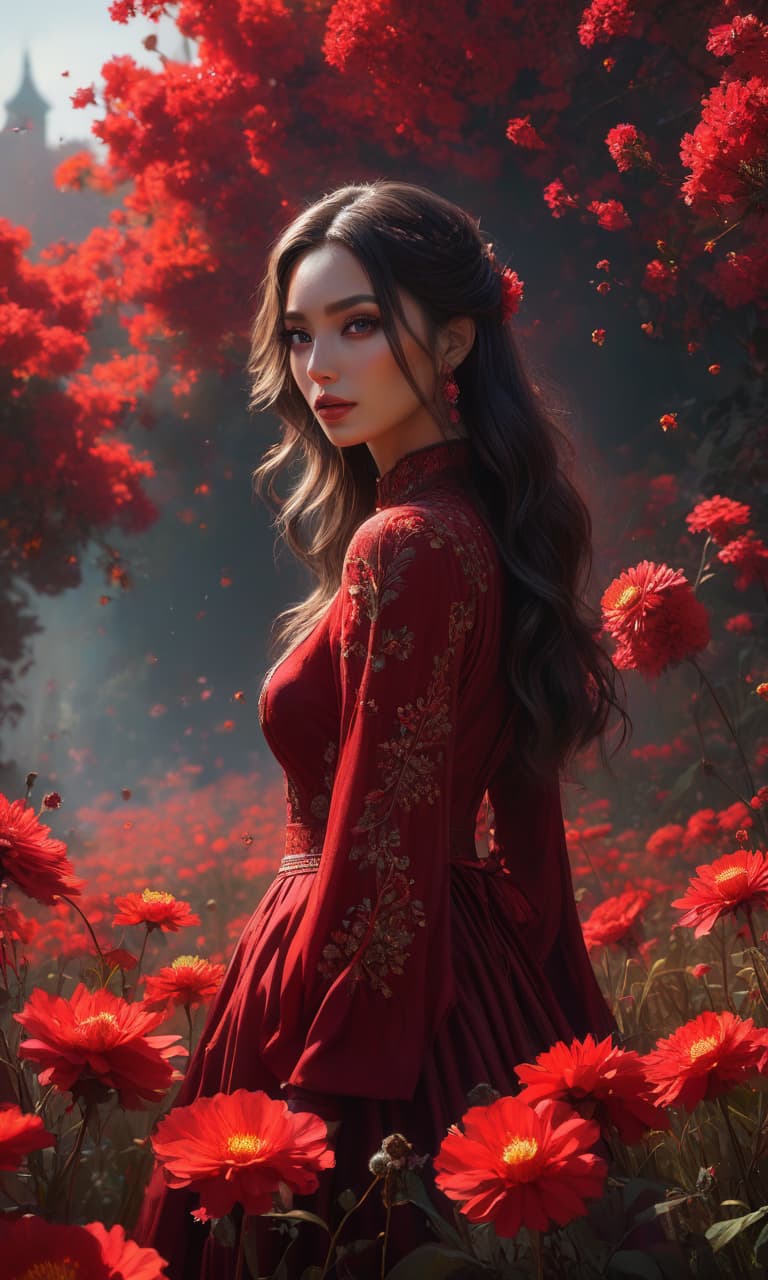  (digital art, inspired by Wadim Kashin, cgsociety contest winner:1.2), person standing in a field of vibrant red flowers, (beautiful light big eyes:1.3), lovely dark autumn princess attire, surrounded by glowing fireflies, beautiful raking sunlight casting long shadows, enchanting and mystical atmosphere, warm and rich color palette, dynamic and intricate detailing, whimsical and ethereal vibe hyperrealistic, full body, detailed clothing, highly detailed, cinematic lighting, stunningly beautiful, intricate, sharp focus, f/1. 8, 85mm, (centered image composition), (professionally color graded), ((bright soft diffused light)), volumetric fog, trending on instagram, trending on tumblr, HDR 4K, 8K