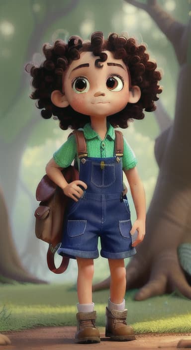  {The tree with a twinkling eye, while its leaves gently rustle., Riley, a curious with big brown eyes and curly hair, wearing overalls and carrying a small backpack. Their friend, Skye, a bluebird with shiny feathers.