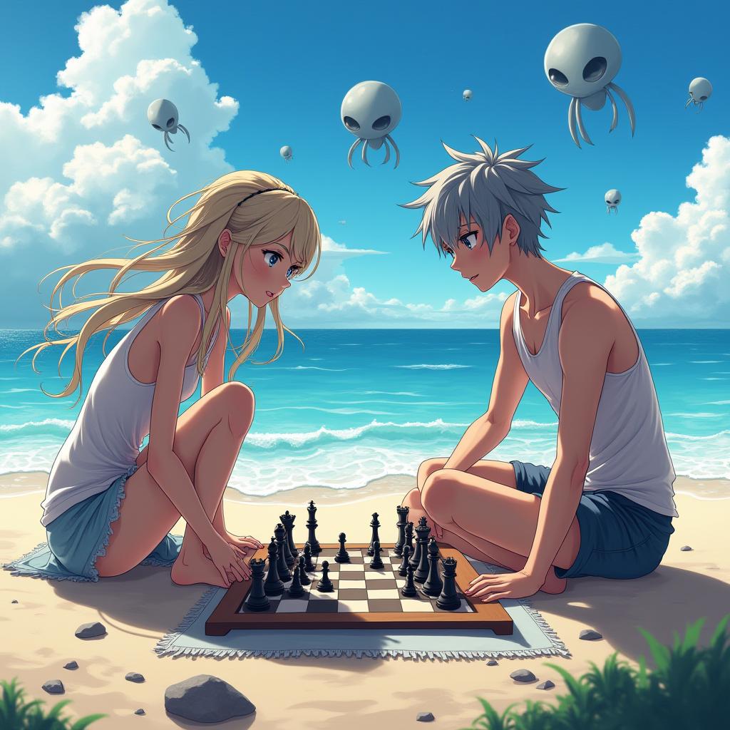  anime artwork beautiful girl and man playing chess on the beach, aliens arrived in the background, anime style, key visual, vibrant, studio anime, highly detailed