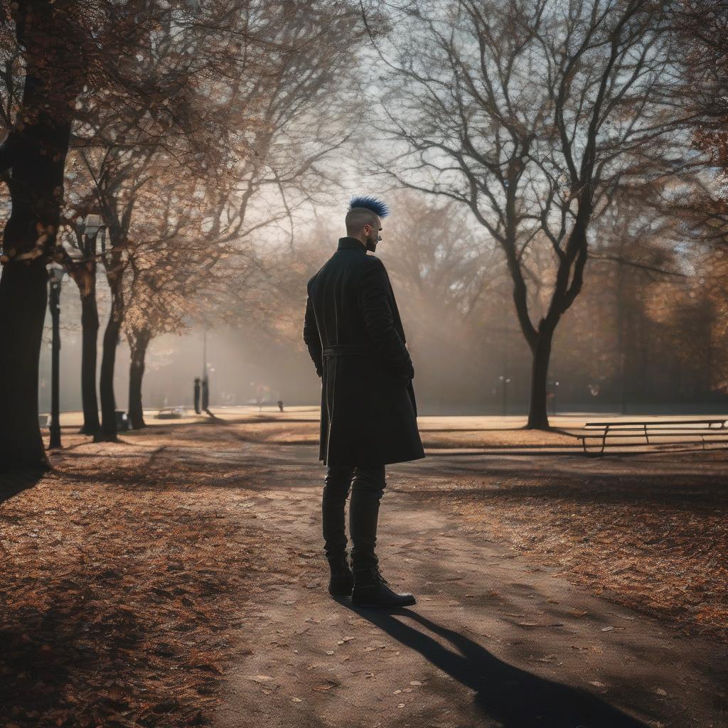  A man stands in the park as a punk during the day. hyperrealistic, full body, detailed clothing, highly detailed, cinematic lighting, stunningly beautiful, intricate, sharp focus, f/1. 8, 85mm, (centered image composition), (professionally color graded), ((bright soft diffused light)), volumetric fog, trending on instagram, trending on tumblr, HDR 4K, 8K